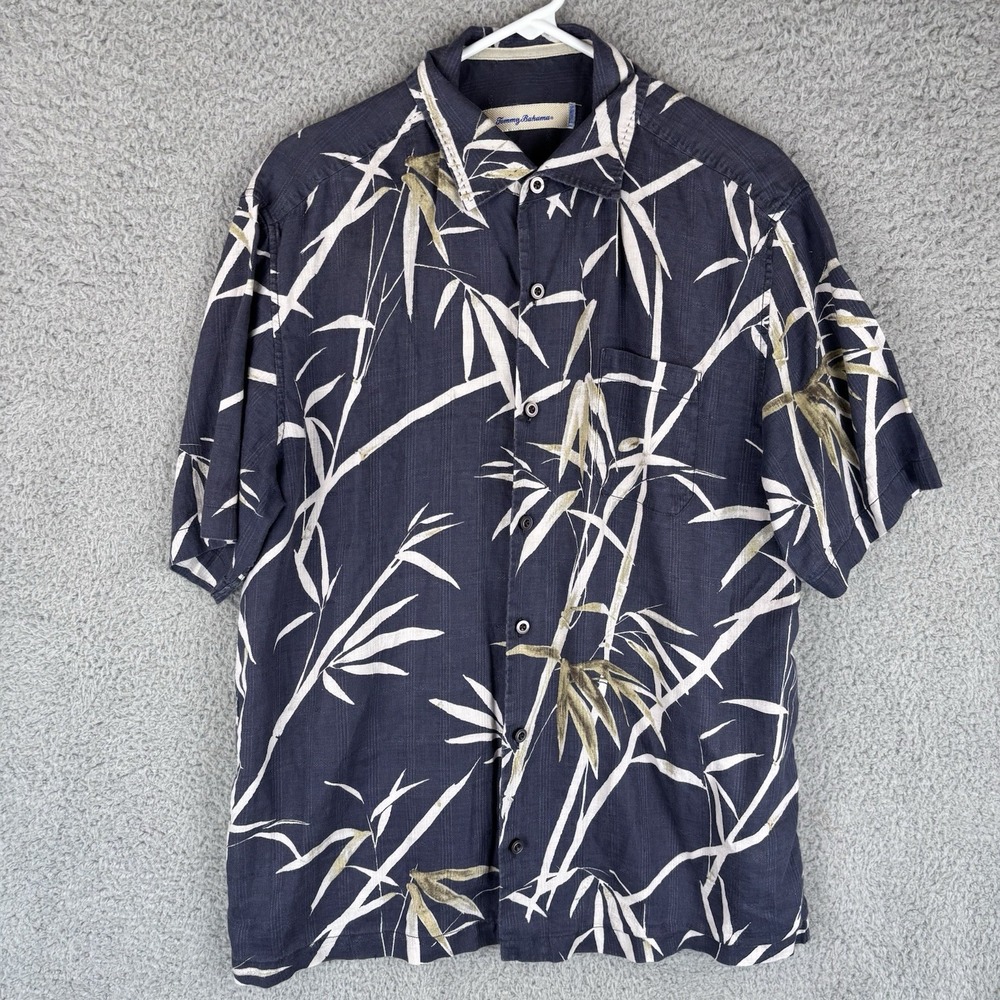 Tommy Bahama Shirt Mens Large 100% Linen Grass‎ Graphic Print Beach Short Sleeve